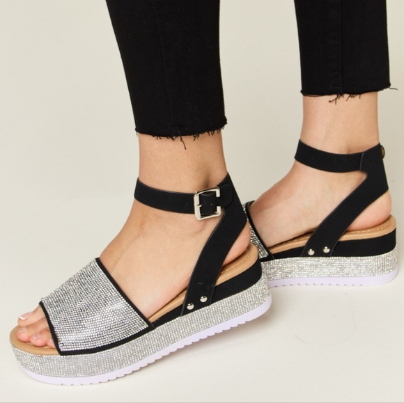 Dazzling Rhinestone Buckle Wedge Sandals - Picture 5 of 6